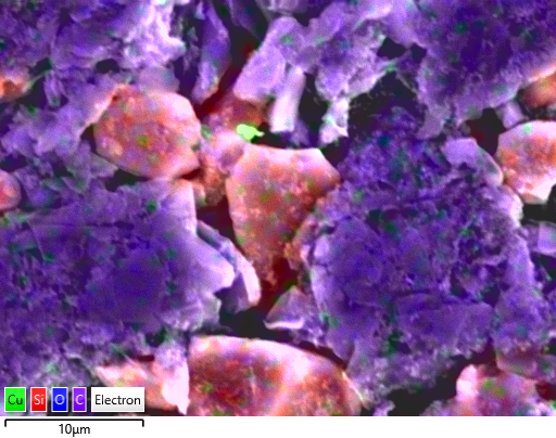 Layered secondary electron image SiC anode with EDS showing Cu contamination